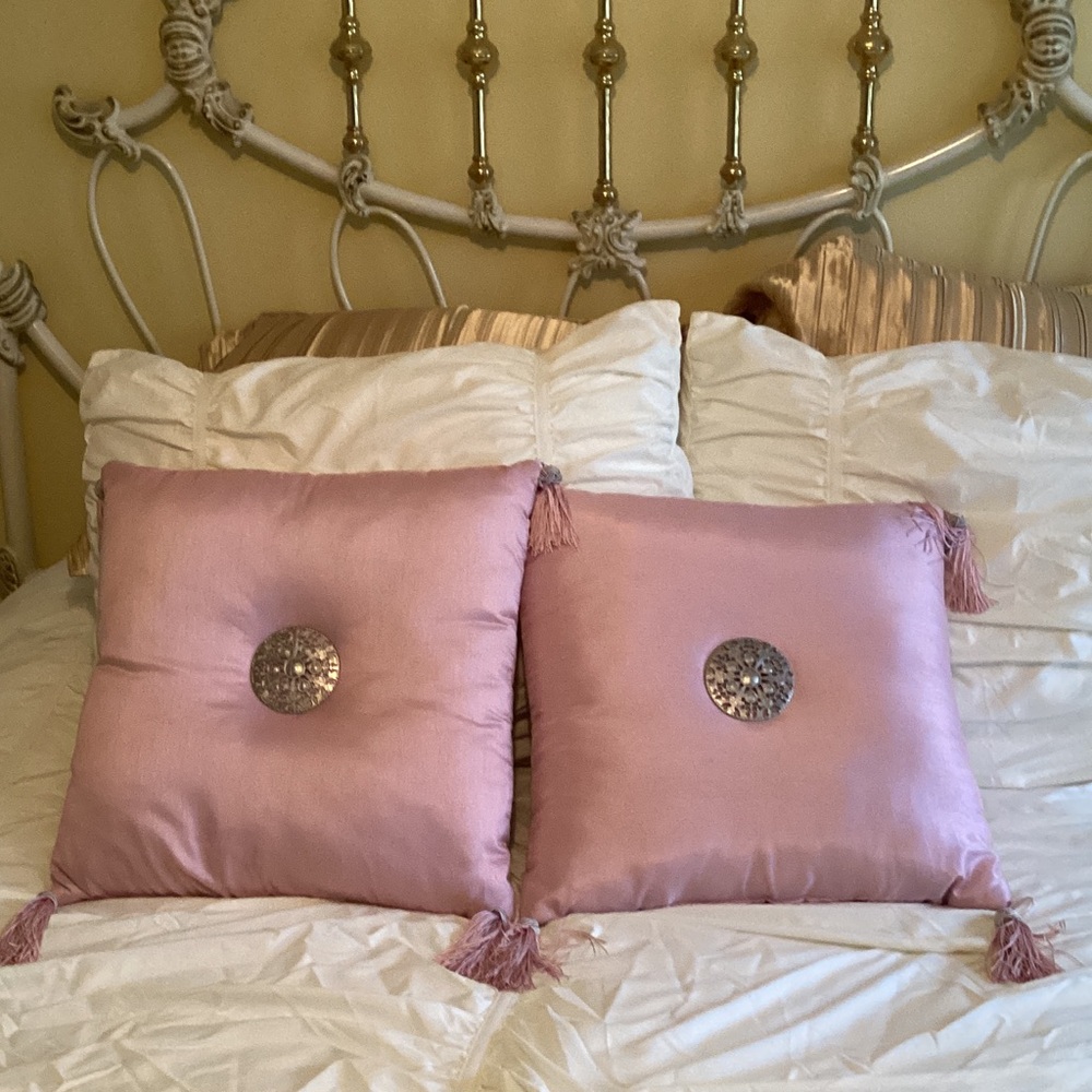 Blush Vintage-Inspired Pillows w/ Silver Center Medallion & Corner Tassels